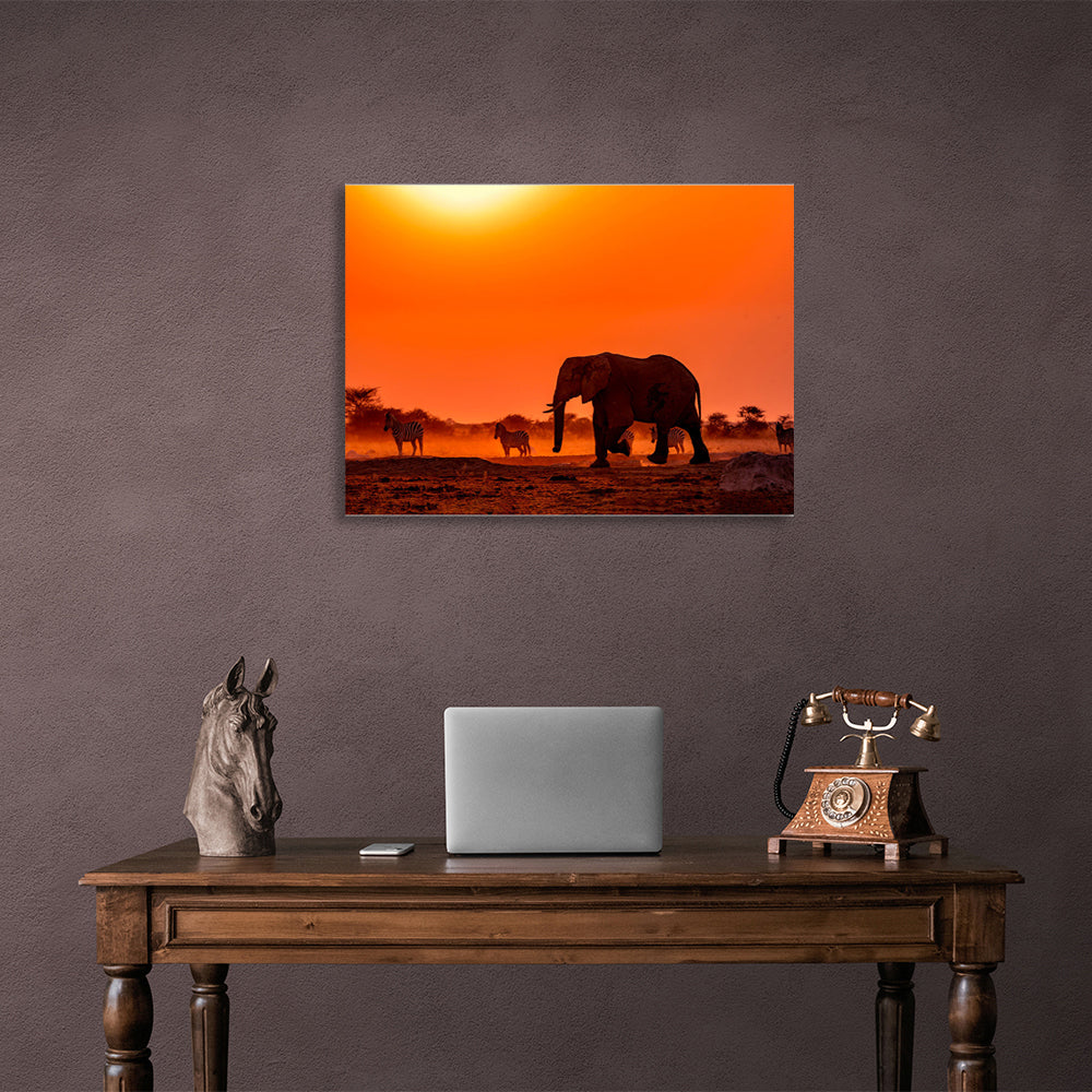 An elephant with zebras Canvas Wall Art Print