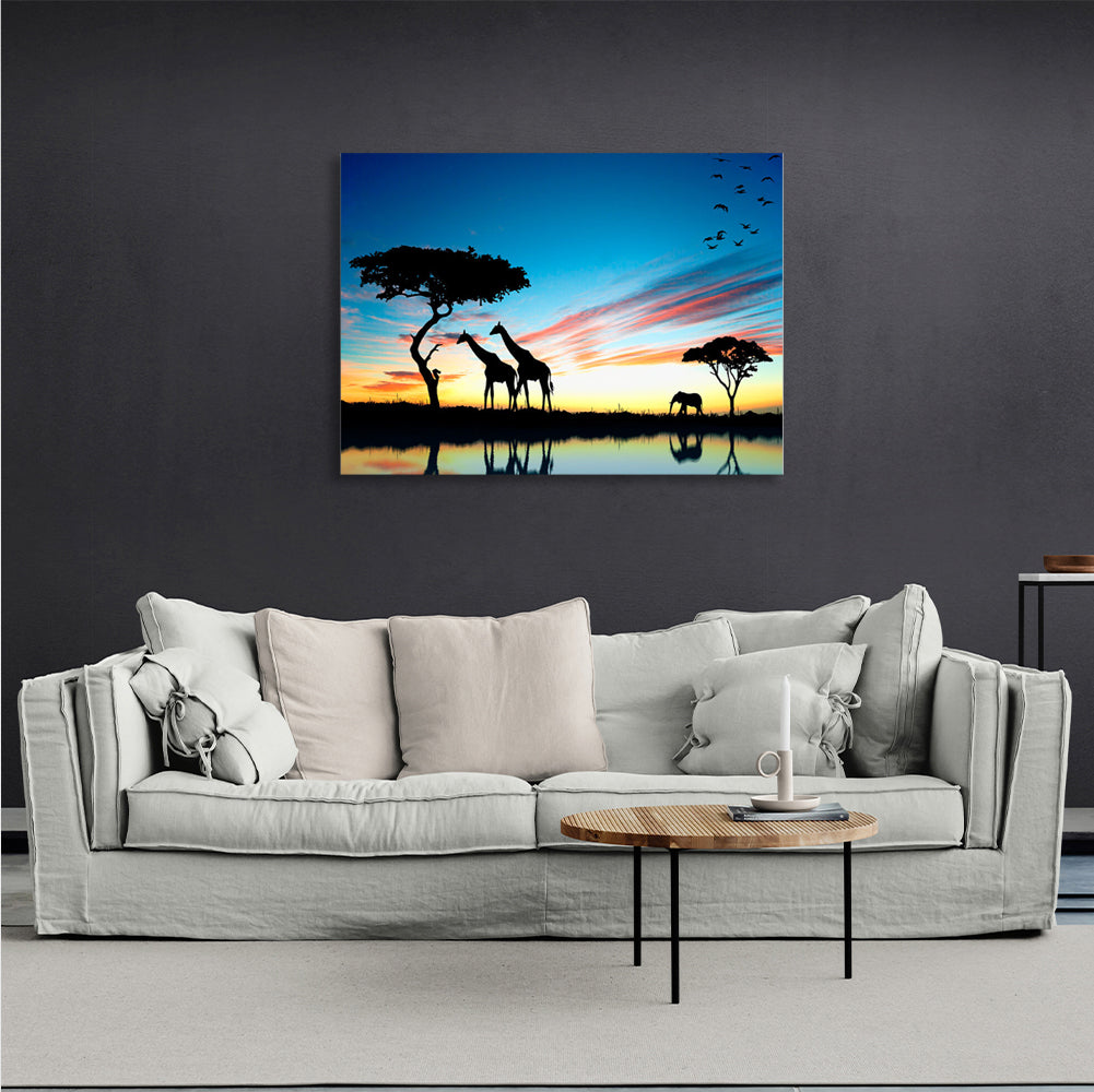 Giraffes and elephant Canvas Wall Art Print