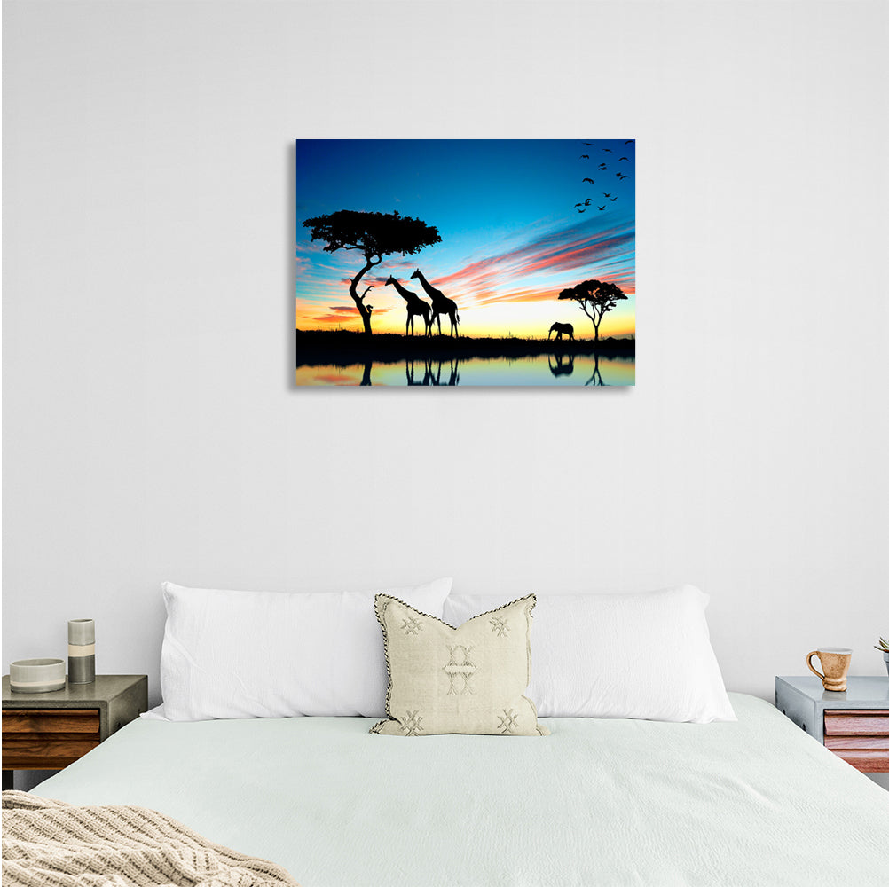 Giraffes and elephant Canvas Wall Art Print