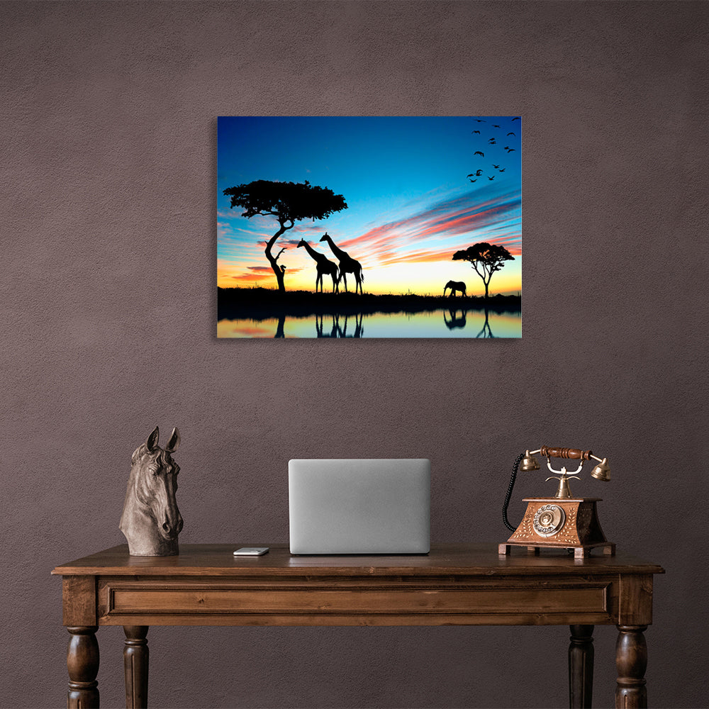 Giraffes and elephant Canvas Wall Art Print