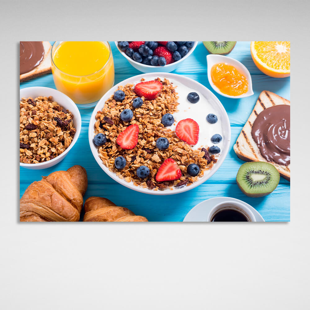 Haferbrei mit Beeren und Milch Leinwand Wand Kunstdruck für Küche