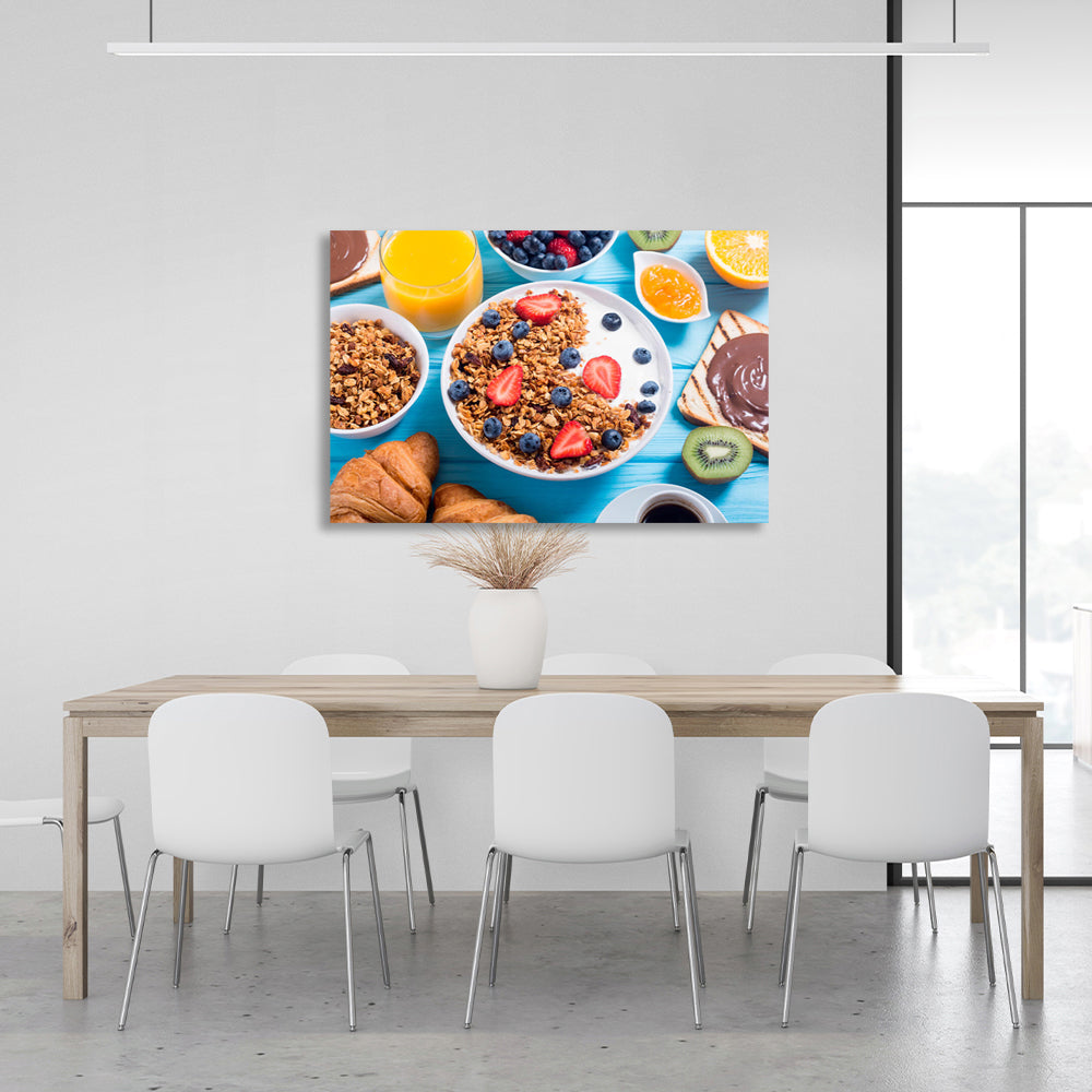 Haferbrei mit Beeren und Milch Leinwand Wand Kunstdruck für Küche