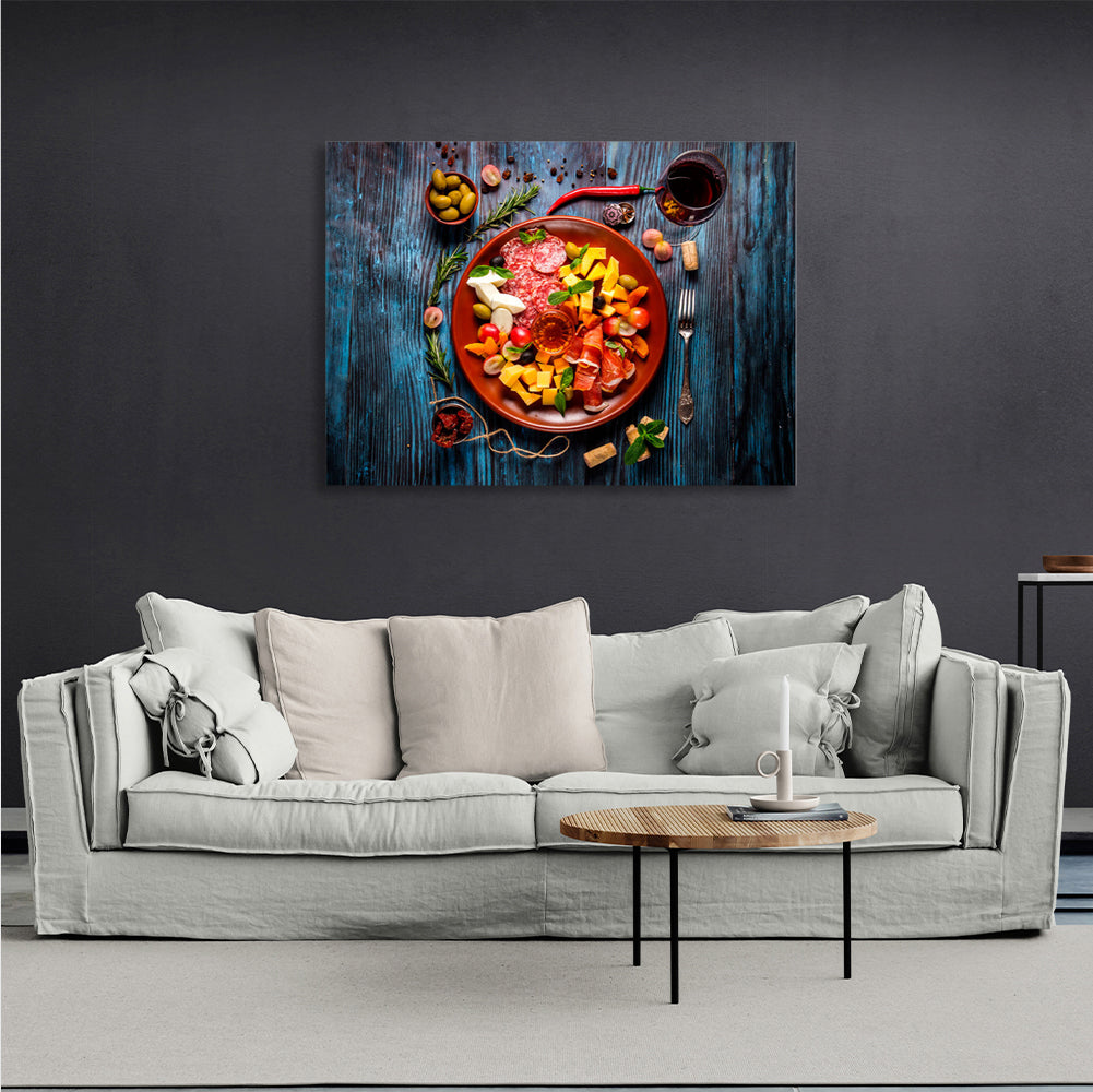 Sausage, cheese, olives Canvas Wall Art Print For Kitchen