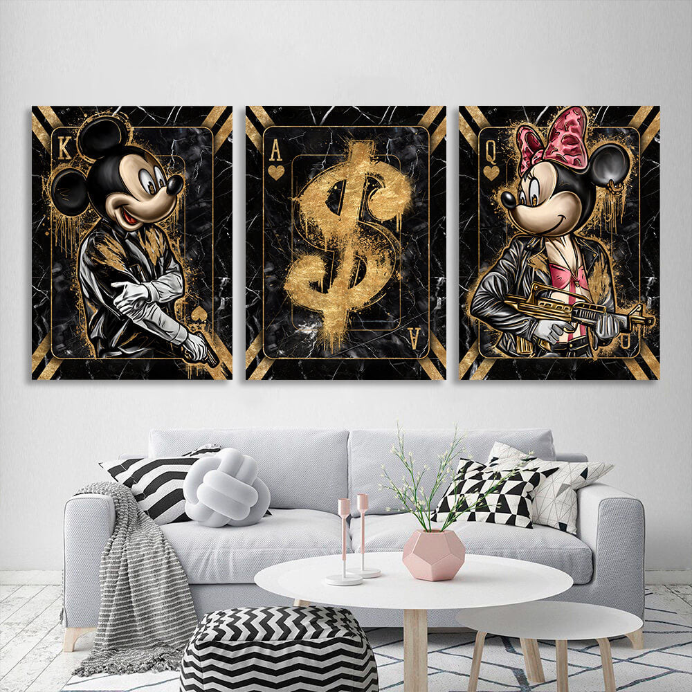 Für das Büro zur Motivation, modularer Mickey- und Dollar-Wandkunstdruck auf Leinwand, mehrere Teile