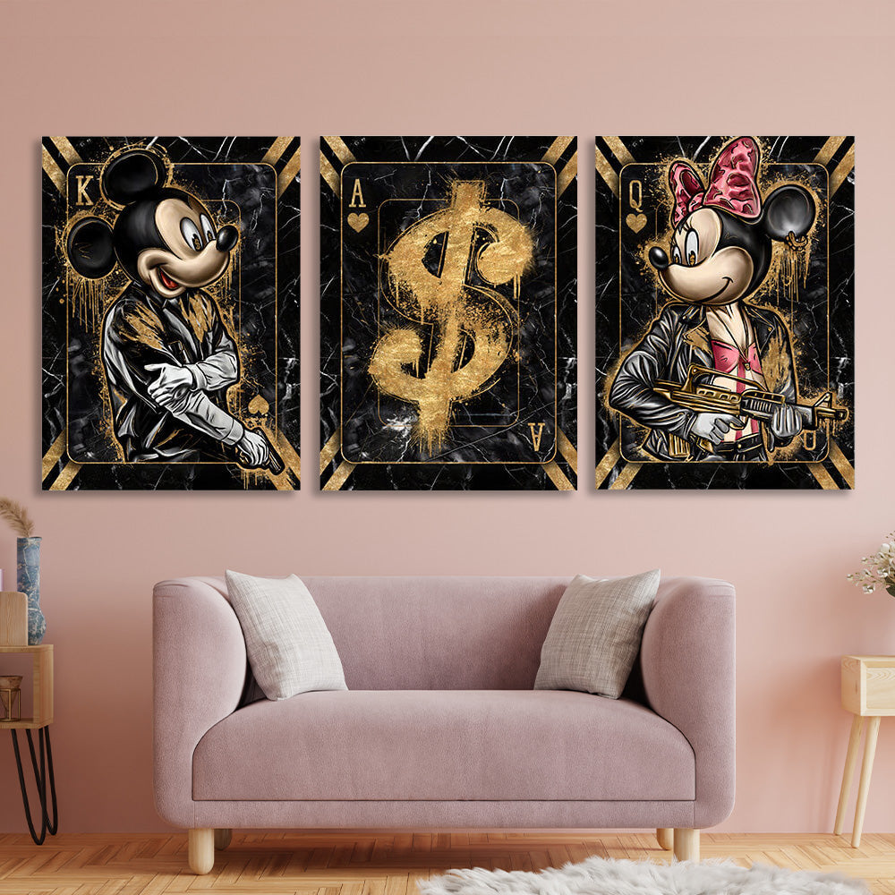 Für das Büro zur Motivation, modularer Mickey- und Dollar-Wandkunstdruck auf Leinwand, mehrere Teile