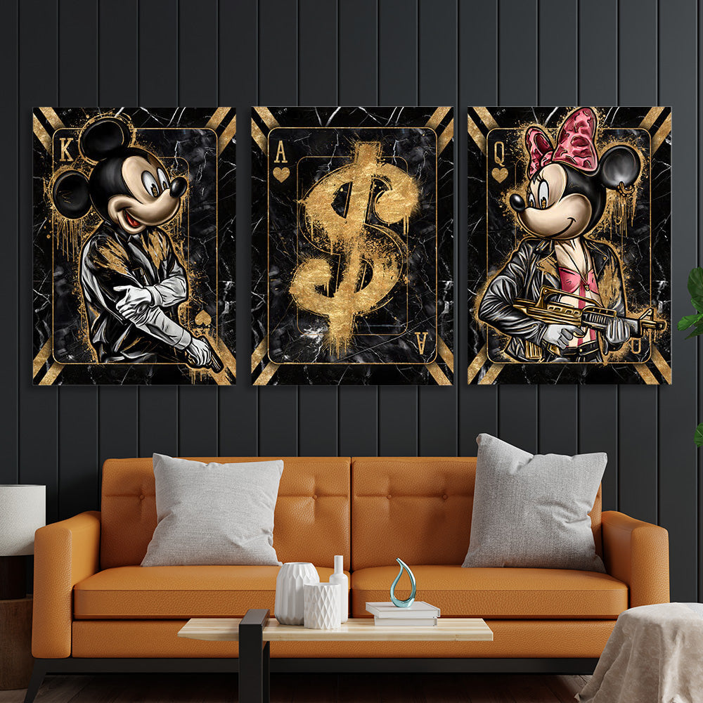 Für das Büro zur Motivation, modularer Mickey- und Dollar-Wandkunstdruck auf Leinwand, mehrere Teile