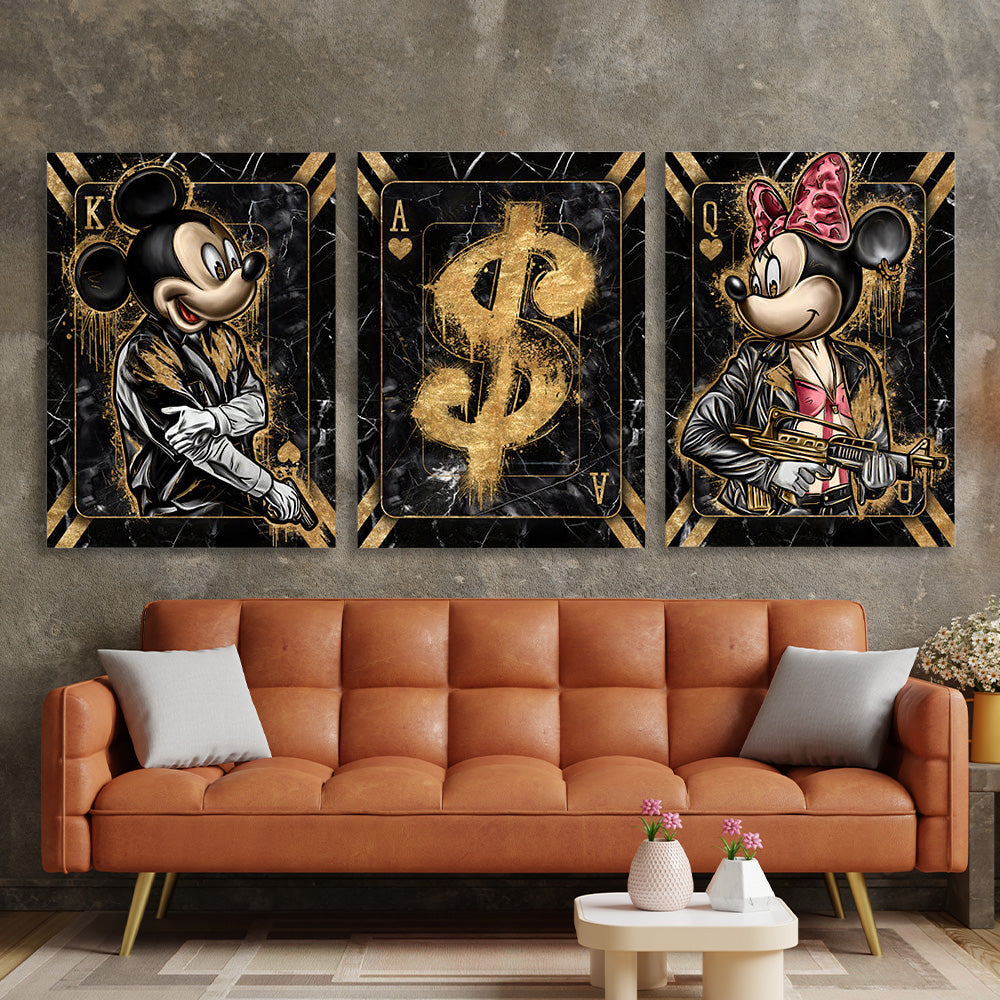 Für das Büro zur Motivation, modularer Mickey- und Dollar-Wandkunstdruck auf Leinwand, mehrere Teile