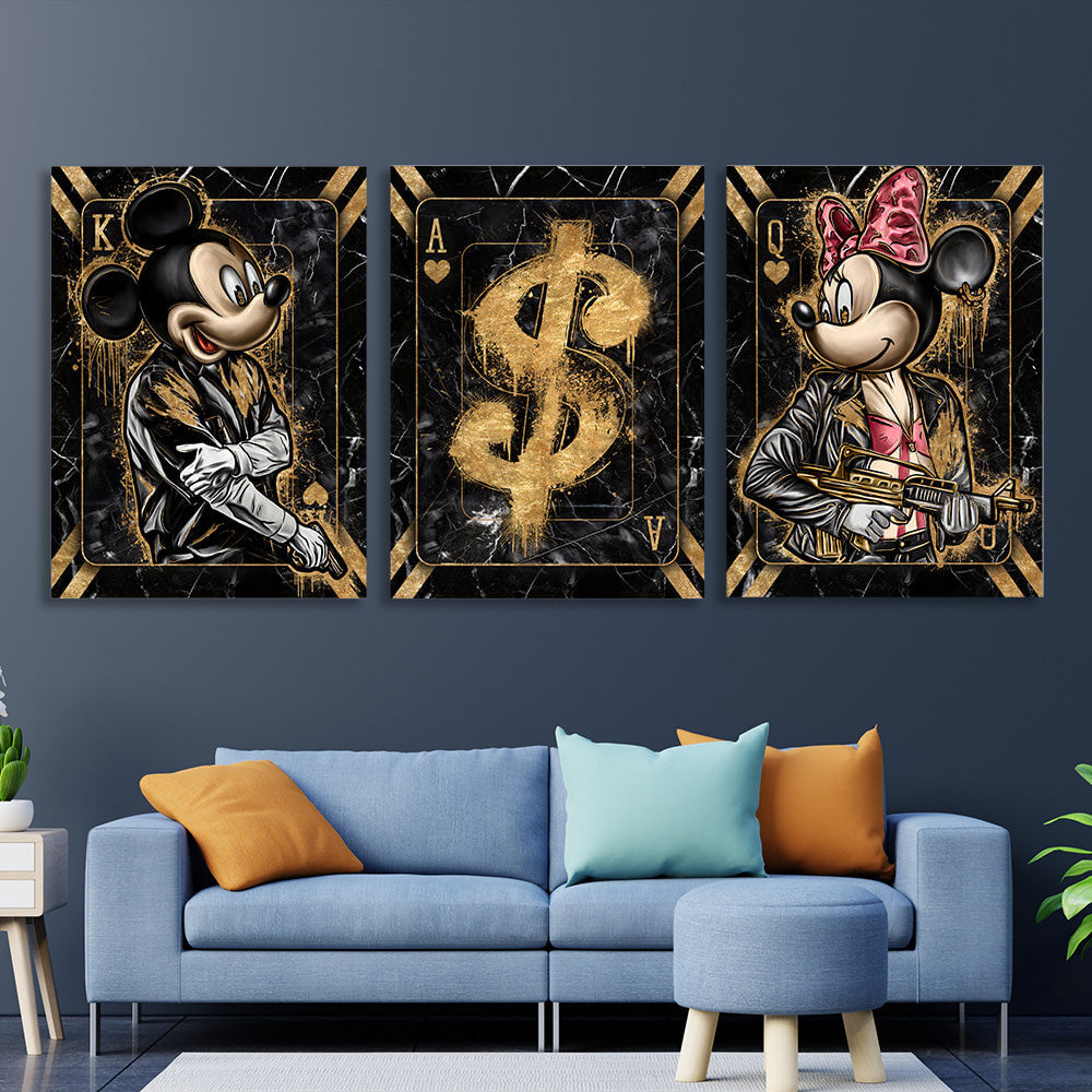 Für das Büro zur Motivation, modularer Mickey- und Dollar-Wandkunstdruck auf Leinwand, mehrere Teile