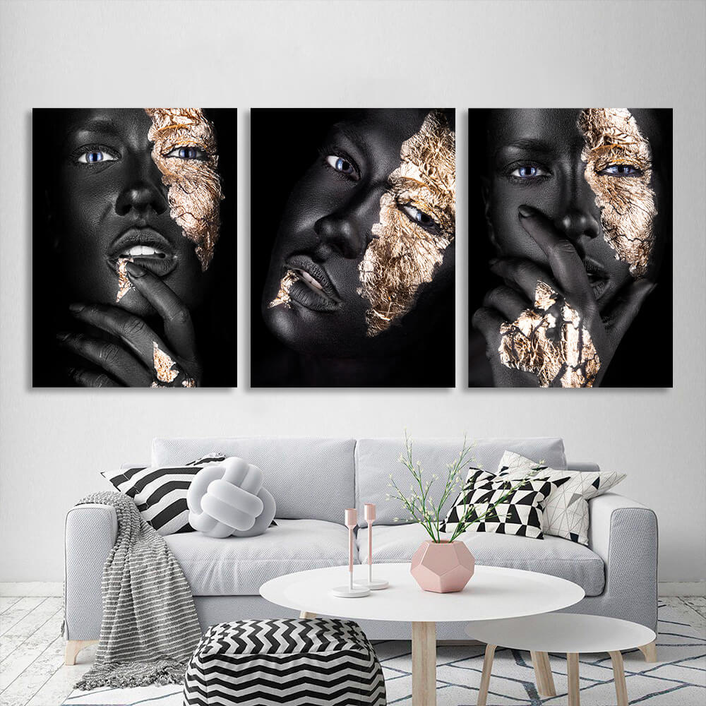 Modular of three parts Girl with gold on a black background Multi Panel Canvas Wall Art Print