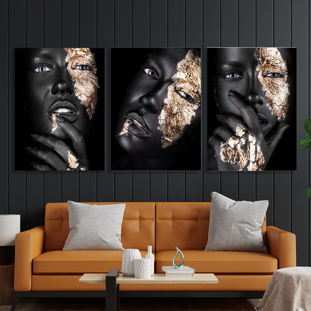 Modular of three parts Girl with gold on a black background Multi Panel Canvas Wall Art Print