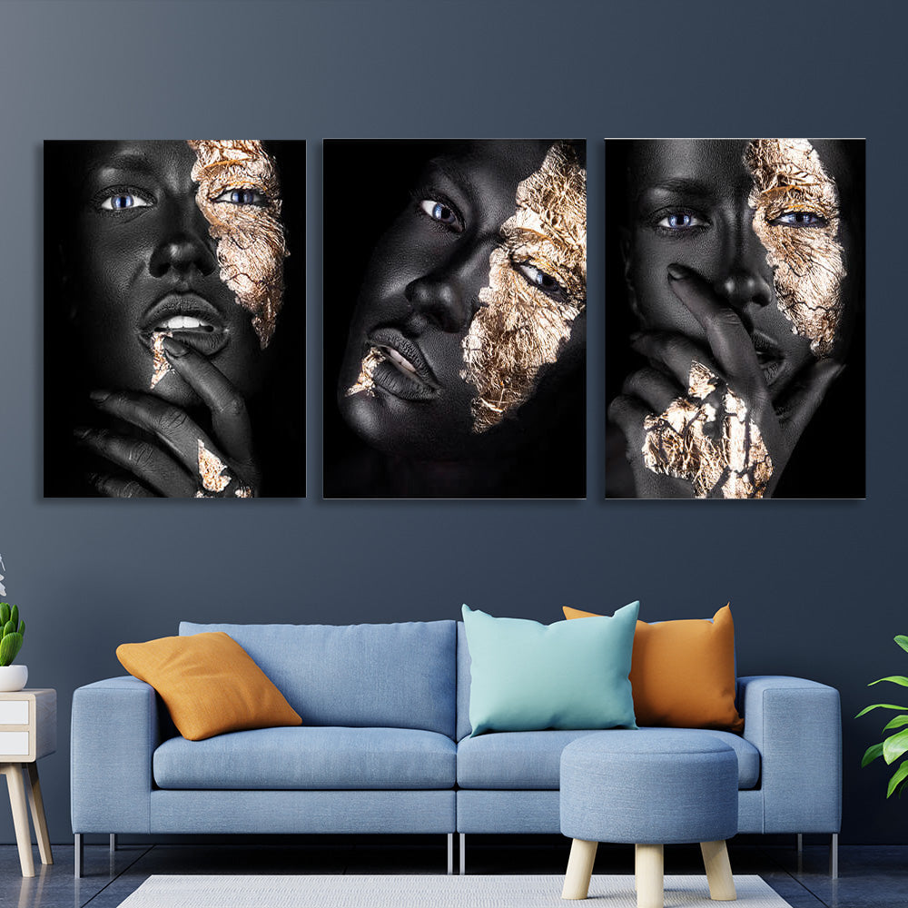 Modular of three parts Girl with gold on a black background Multi Panel Canvas Wall Art Print