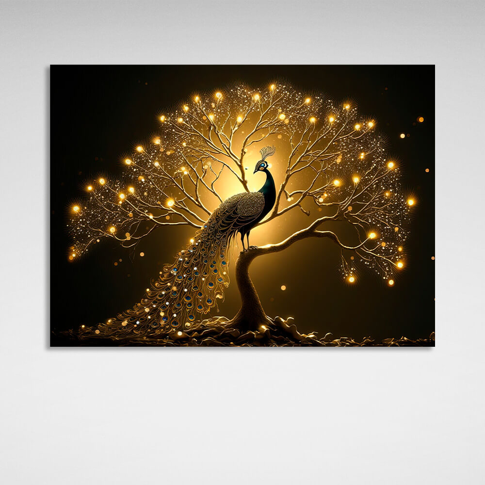 Black and gold peacock bird Canvas Wall Art Print