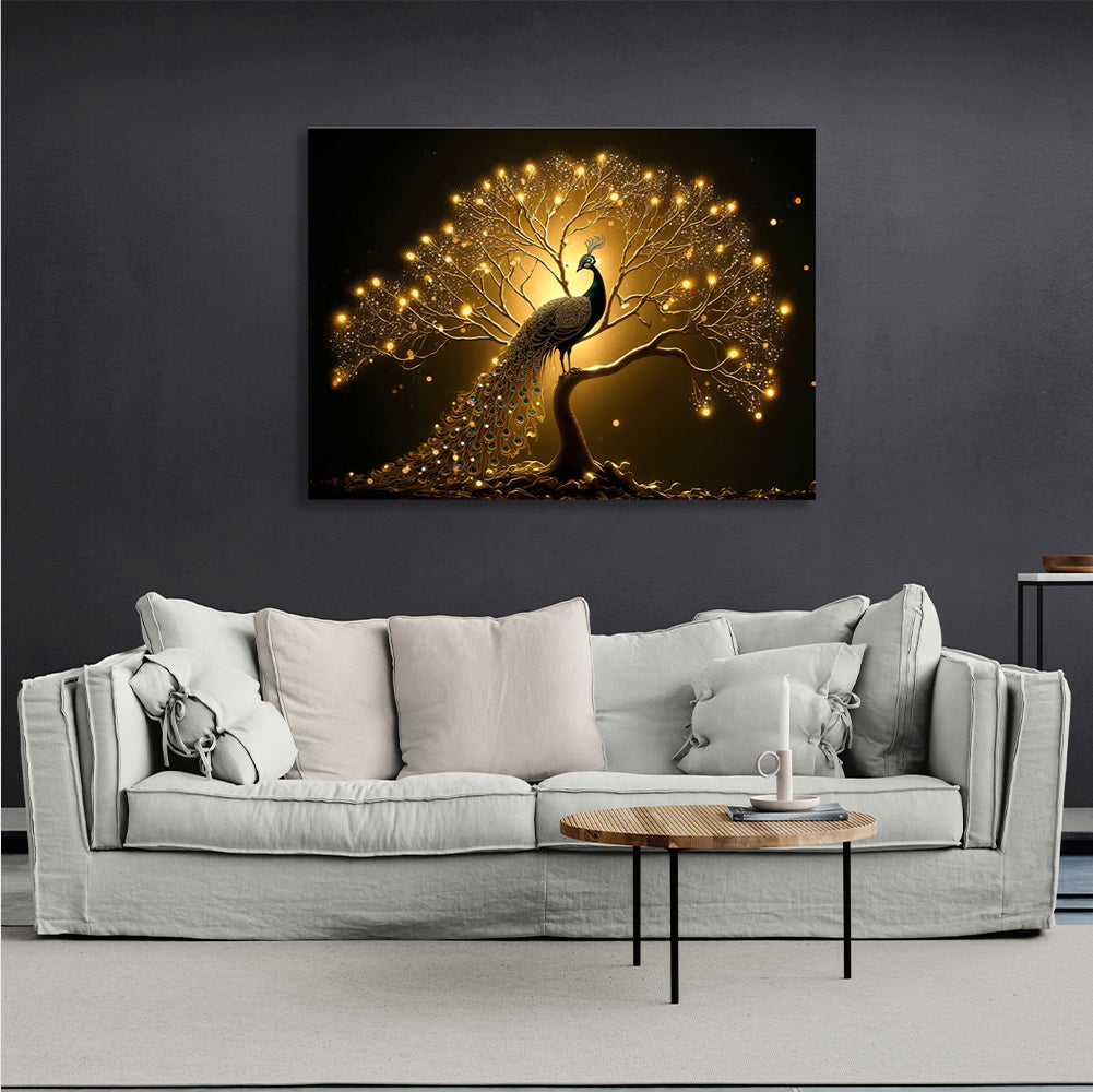 Black and gold peacock bird Canvas Wall Art Print