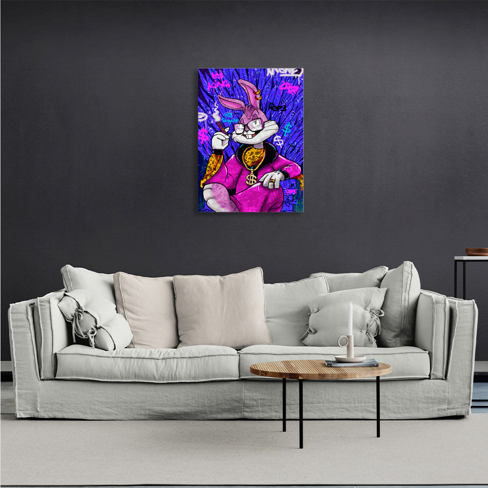 Bugs Bunny in the dollar chair blue Canvas Wall Art Print