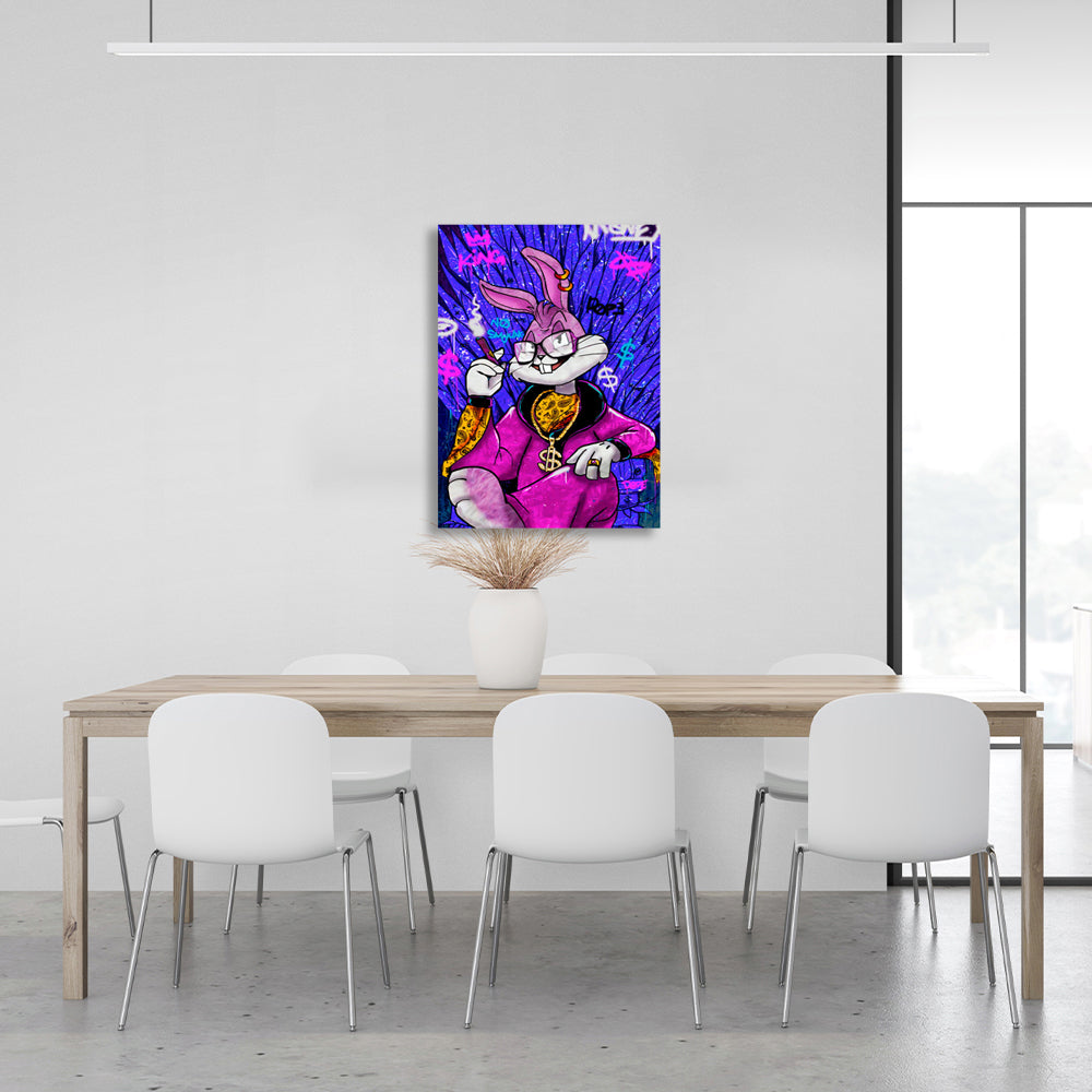 Bugs Bunny im Dollarstuhl, blau, Kunstdruck auf Leinwand