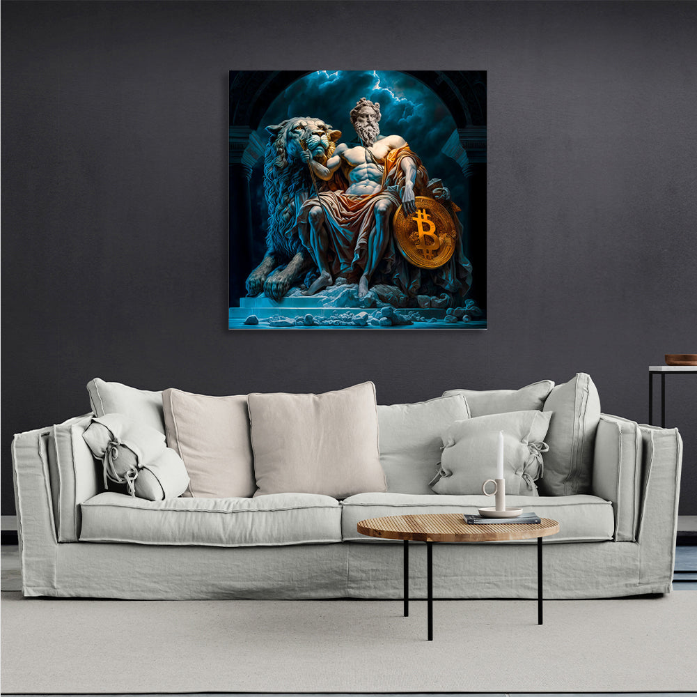 Statuen von Zeus und einem Löwen mit Bitcoin – inspirierender Kunstdruck auf Leinwand