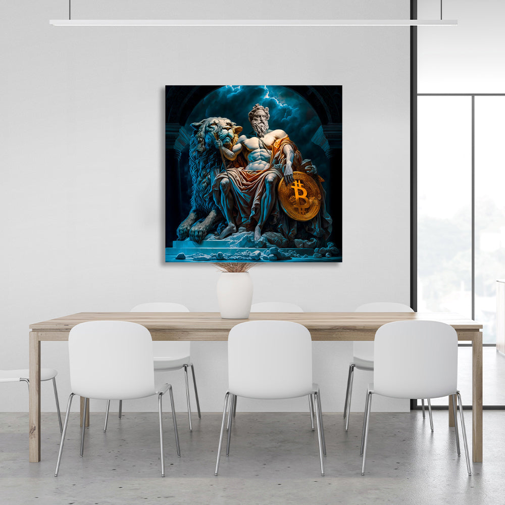 Statuen von Zeus und einem Löwen mit Bitcoin – inspirierender Kunstdruck auf Leinwand