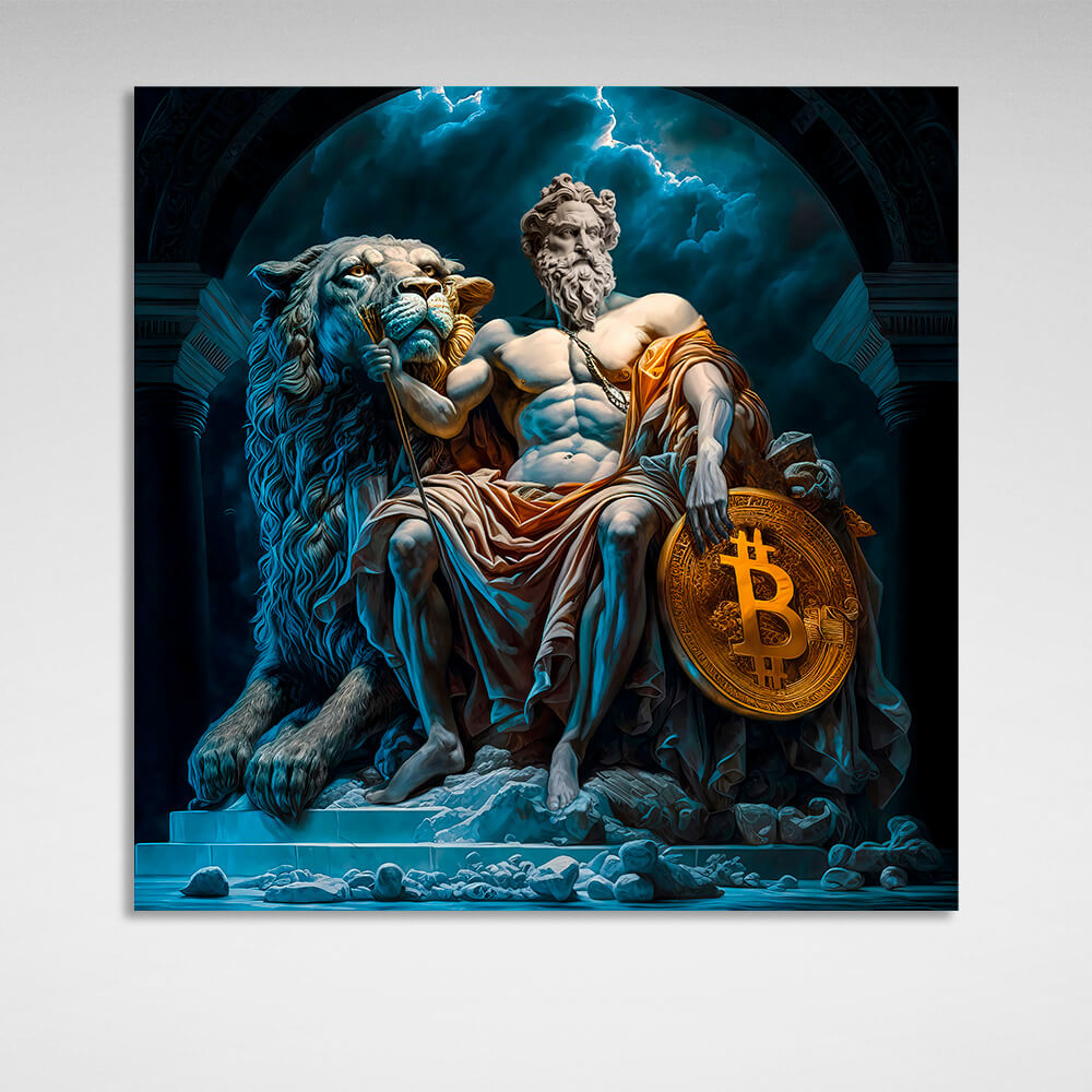 Statuen von Zeus und einem Löwen mit Bitcoin – inspirierender Kunstdruck auf Leinwand