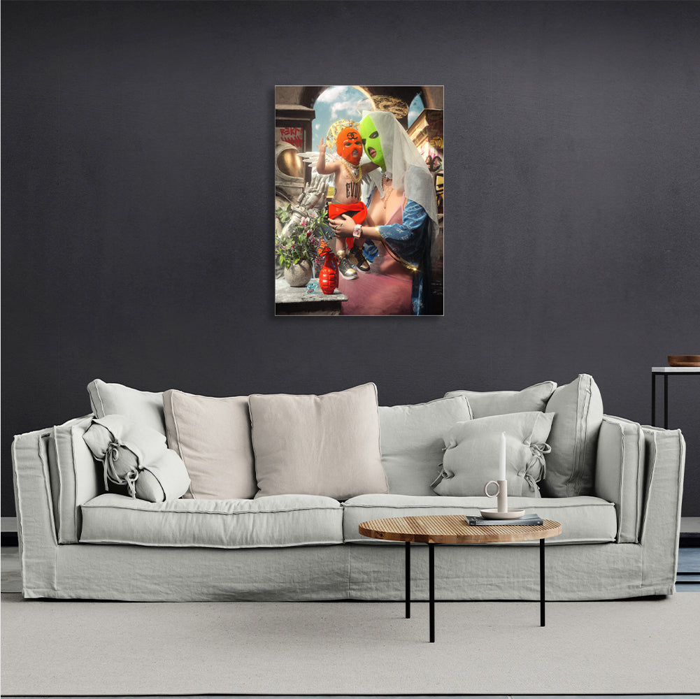 Painting on canvas interior girl and angel in balaclavas Canvas Wall Art Print