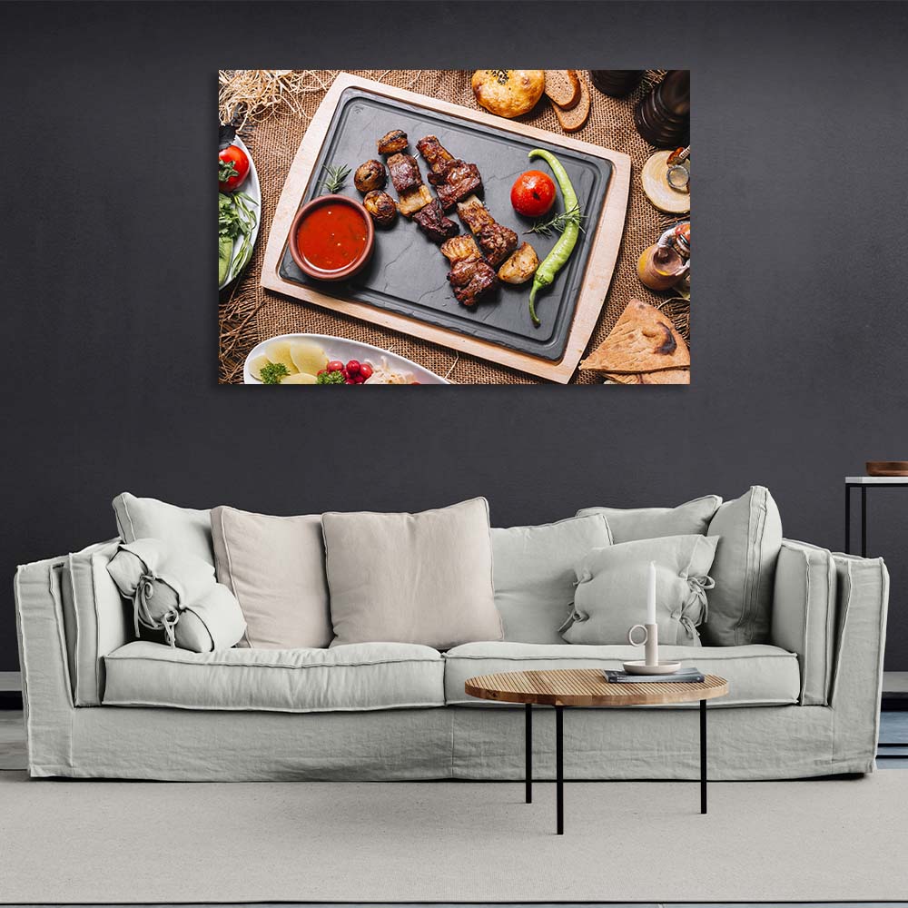 Für die Küche Schaschlik mit gebackenen Kartoffeln und Paprika Leinwand Wand Kunstdruck für die Küche