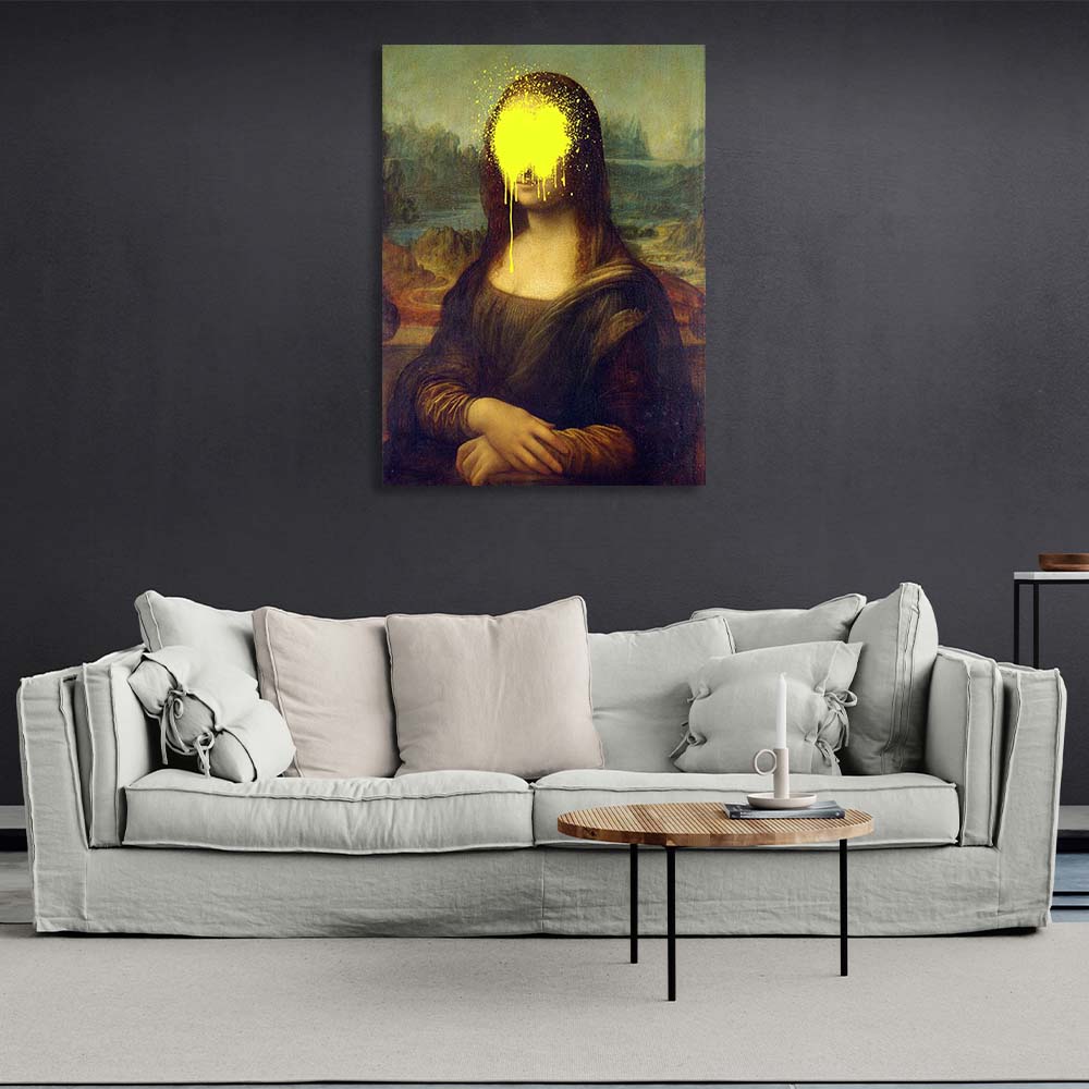 Kunstdruck auf Leinwand, Mona Lisa mit gelber Farbe im Gesicht