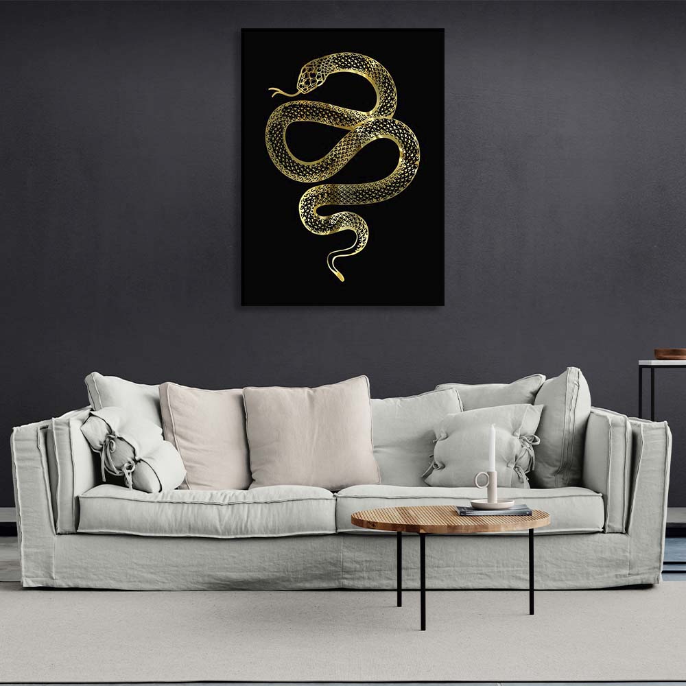 Canvas Wall Art Print Golden snake on black background