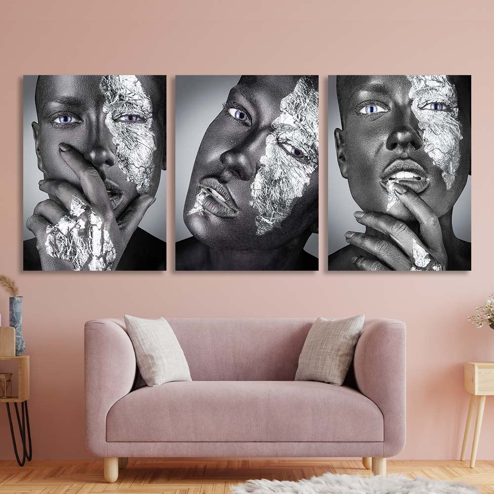 Three-piece modular Blue-eyed woman Canvas Wall Art Print