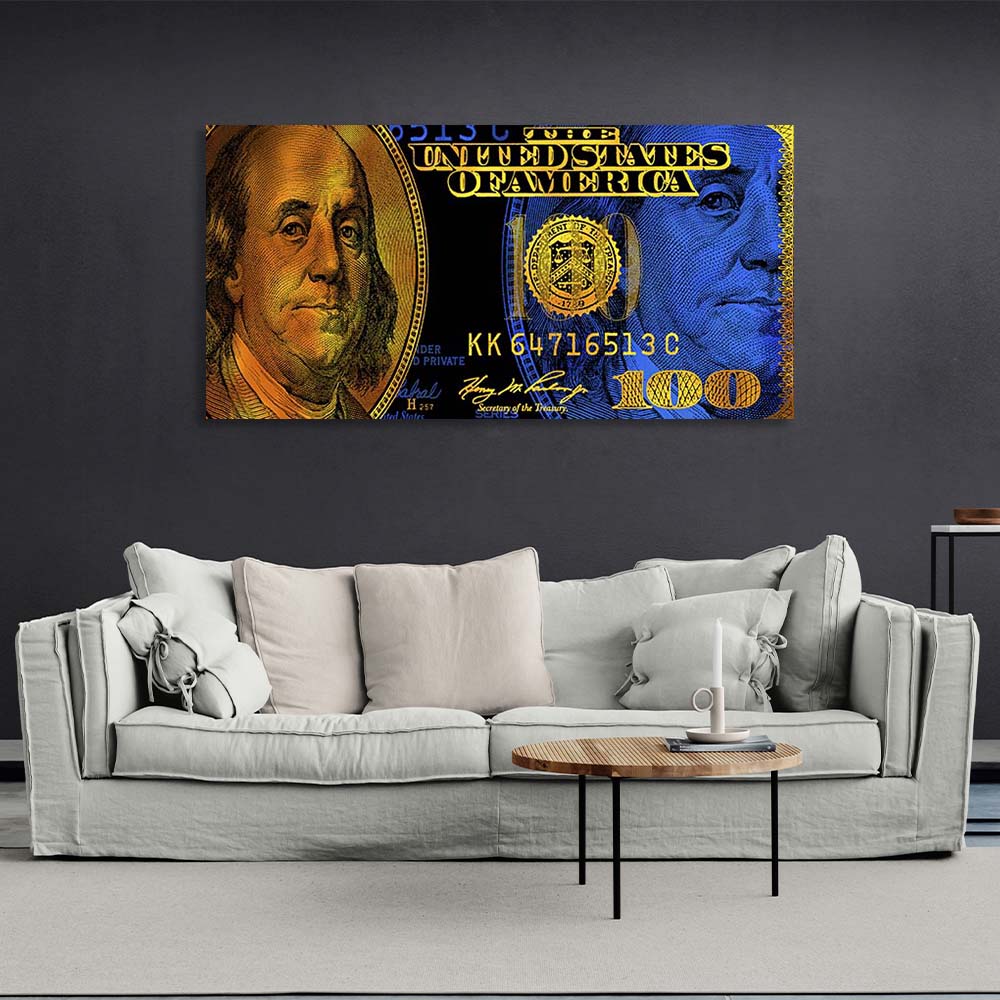 Inspirierender Leinwand-Kunstdruck „100 Dollar“ in Blau und Gold