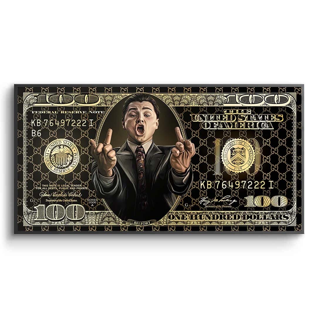 100-Dollar-Schein, schwarz und gold, „The Wolf of Wall Street“, motivierender Kunstdruck auf Leinwand