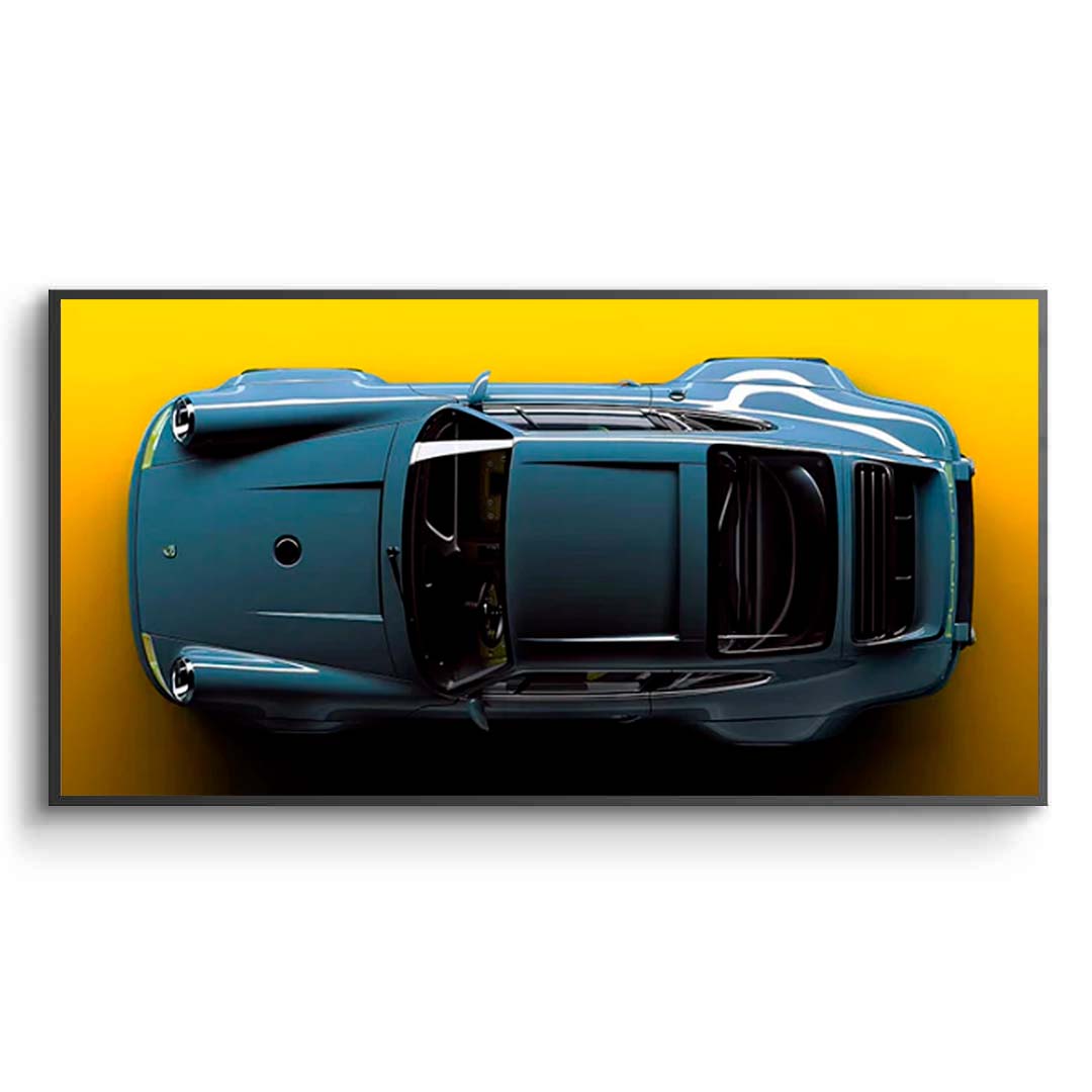 Porsche 911 blue Porsche car on yellow background Canvas  Wall Art Print