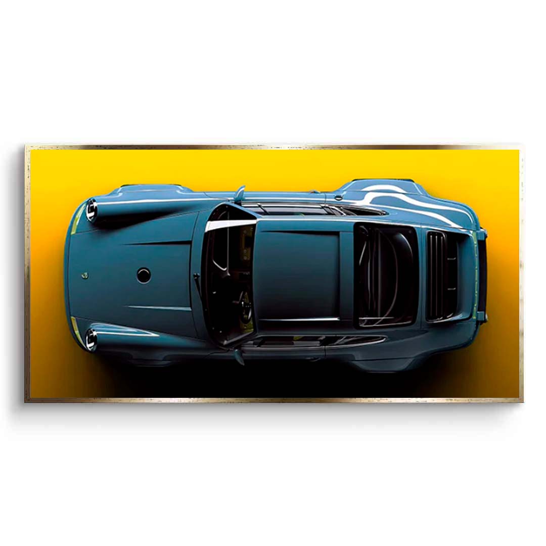 Porsche 911 blue Porsche car on yellow background Canvas  Wall Art Print