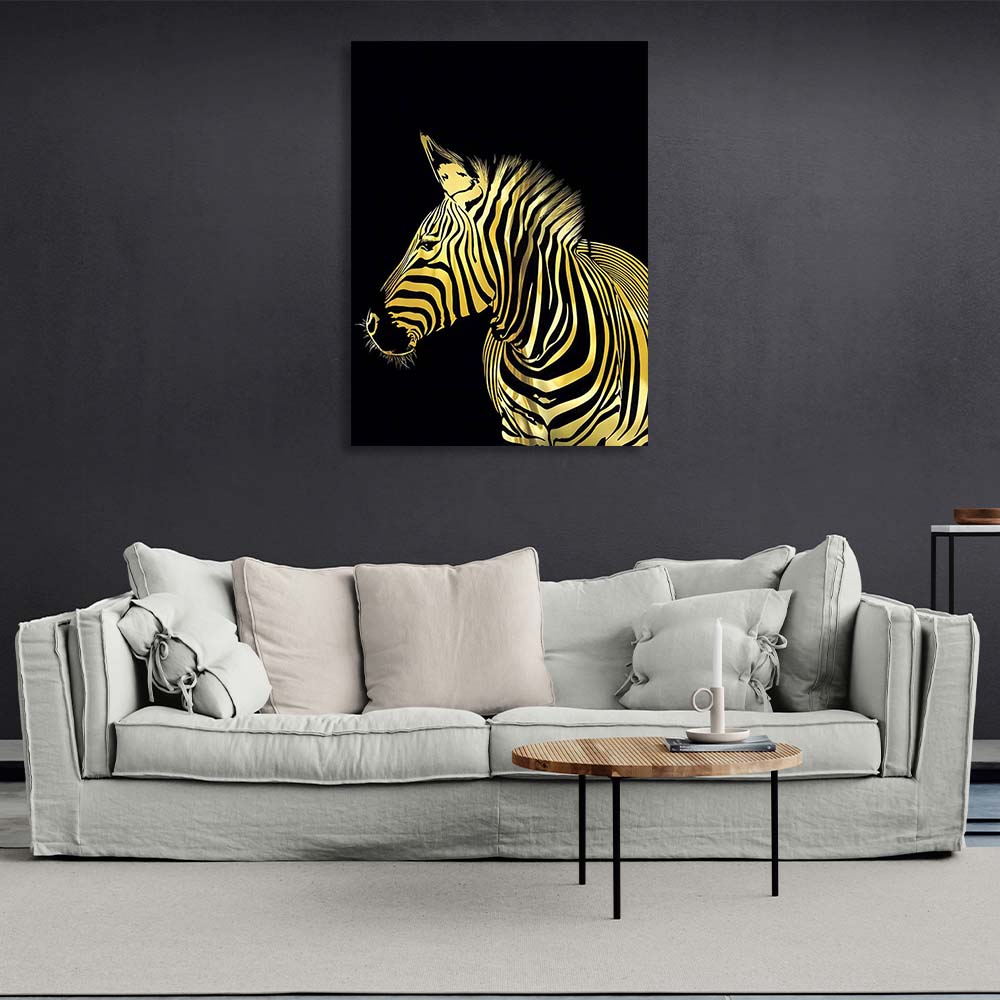 Leinwandbild Goldenes Zebra auf schwarzem Hintergrund