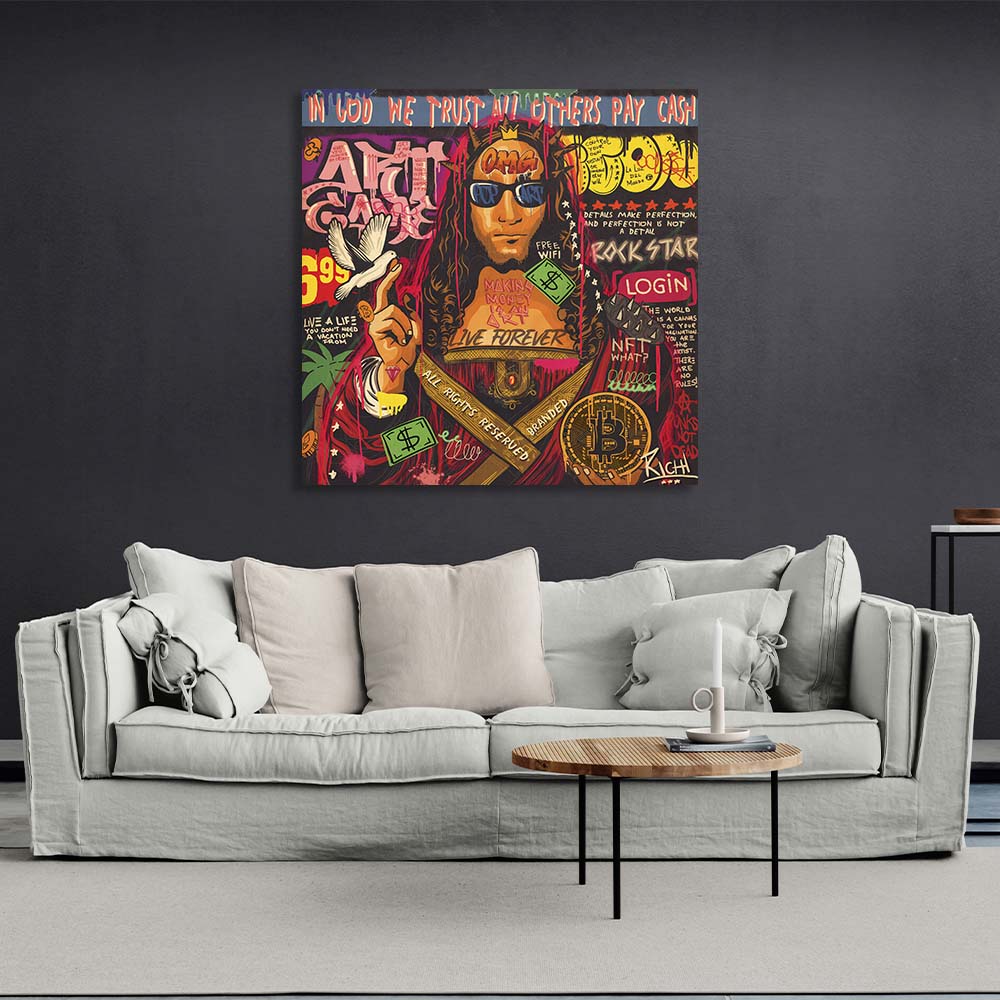 Pop-Art-Kunstdruck „Retter der Welt mit Bitcoin“ auf Leinwand