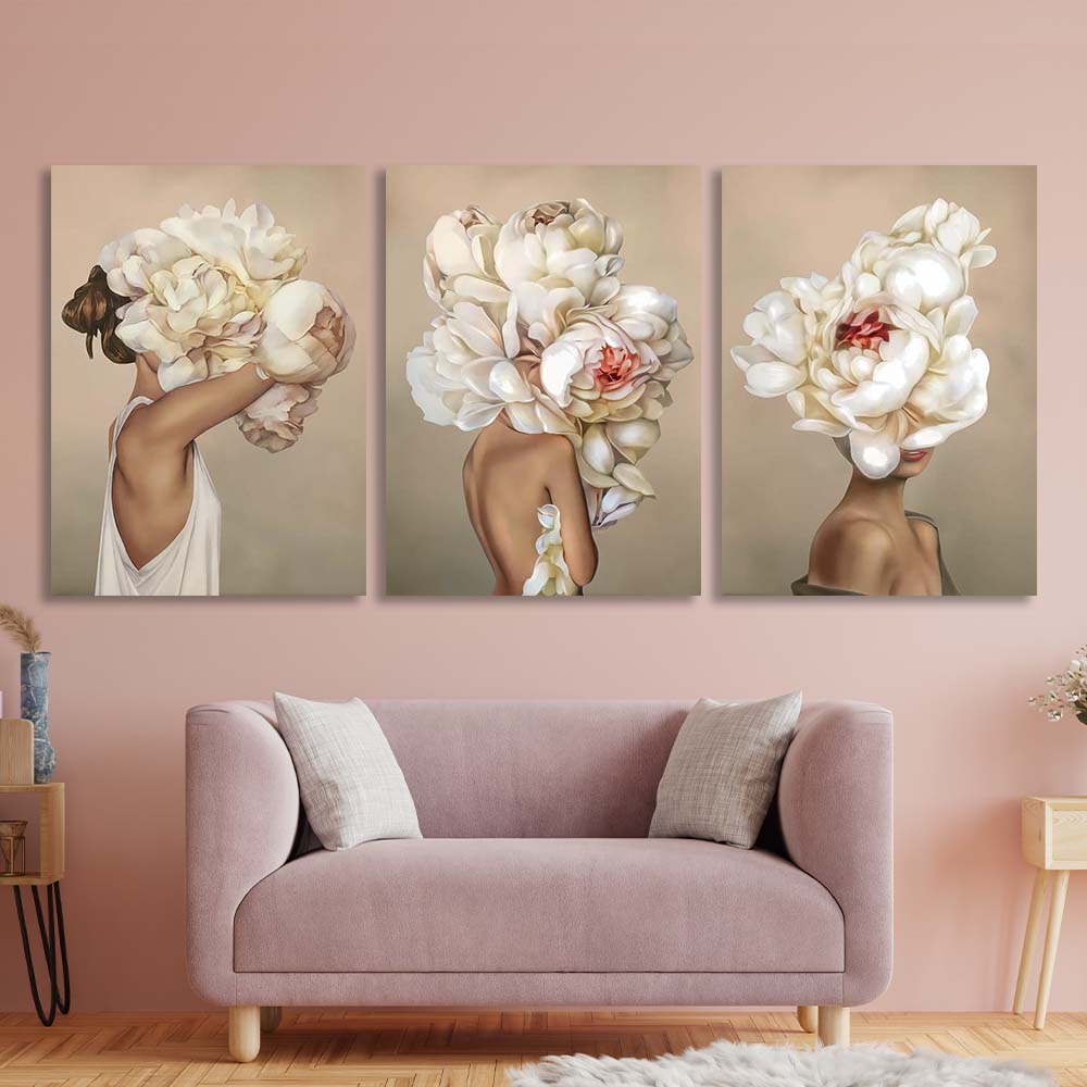 Girls with flowers on their heads on a beige background Canvas Wall Art Print