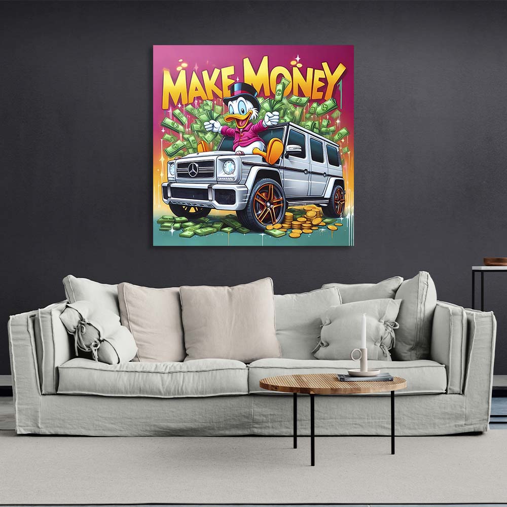 Inspirierender Kunstdruck auf Leinwand, Motiv „Scrooge on Mercedes Make Money“