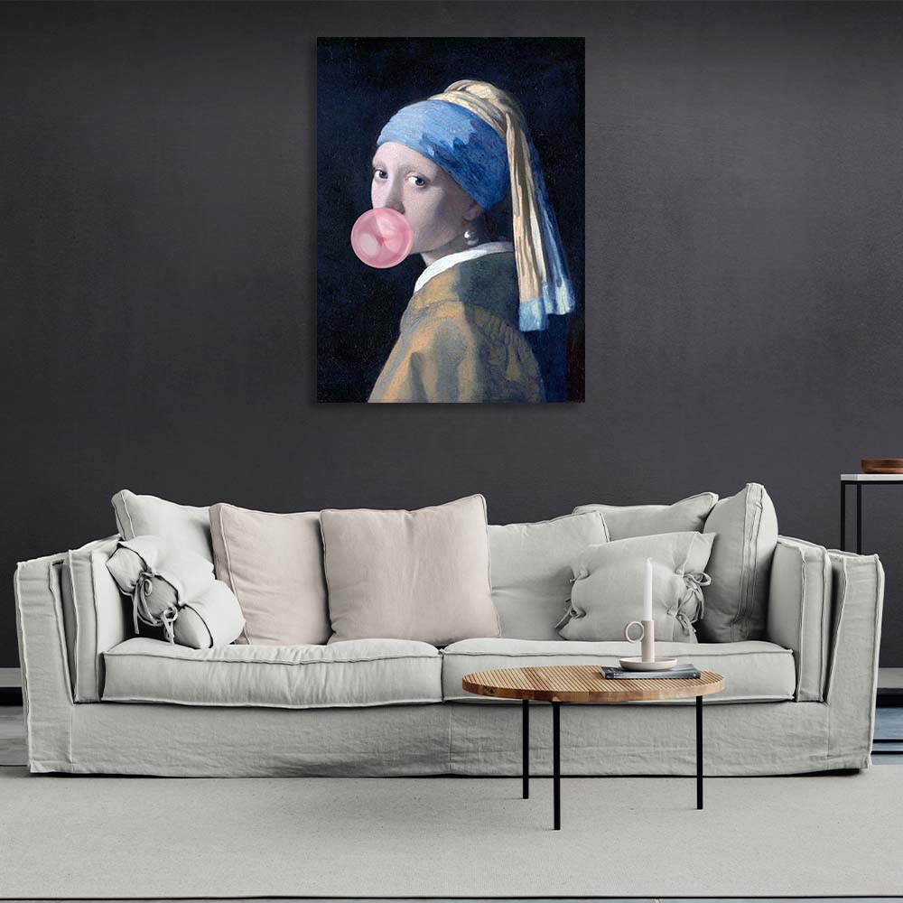 Canvas Wall Art Print Girl with pearl earring and pink bubblegum