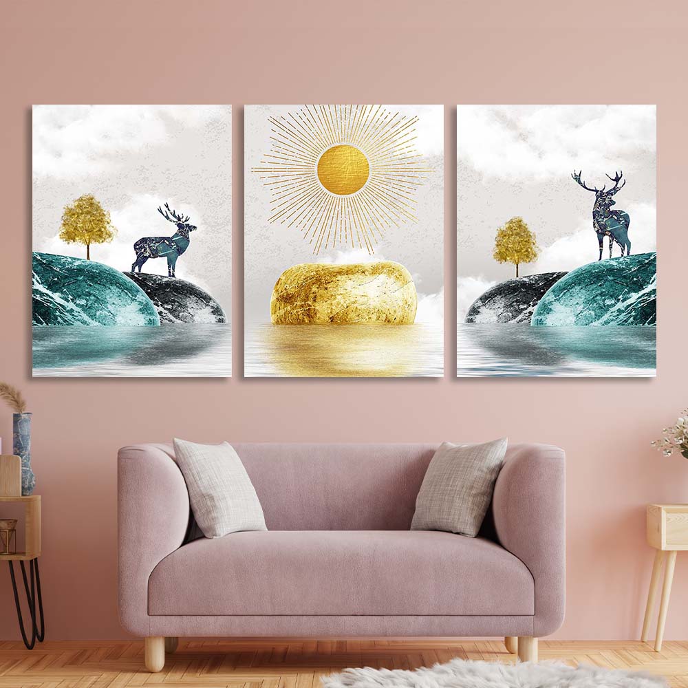 Multi Panel Canvas Wall Art Print Sun between two hills