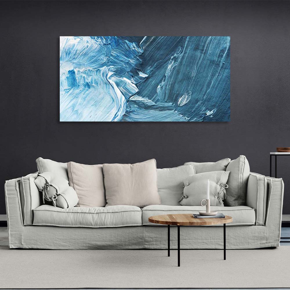 Abstraktion Leinwand Wand Kunstdruck abstrakt horizontal blau und weiß Pinselstriche