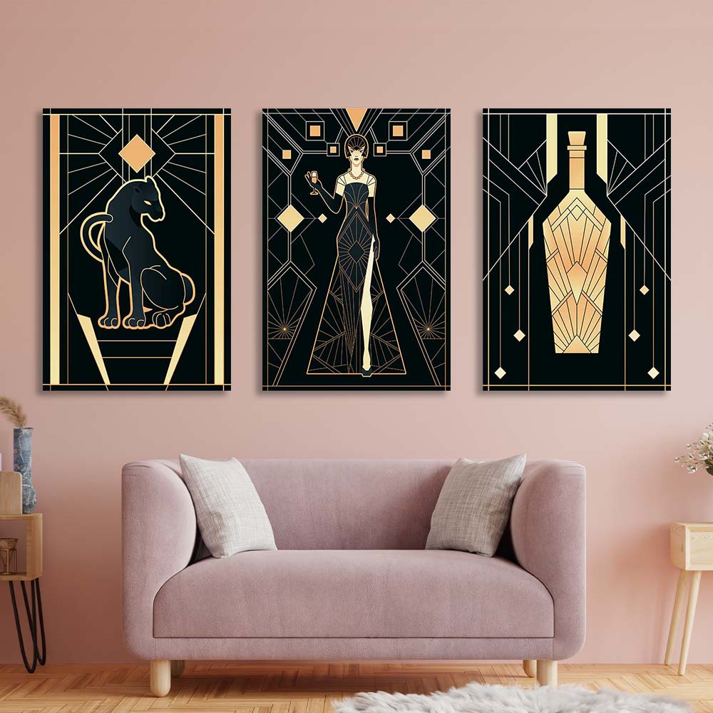 Multi Panel Canvas Wall Art Print Woman, panther and bottle in Art-Deco style