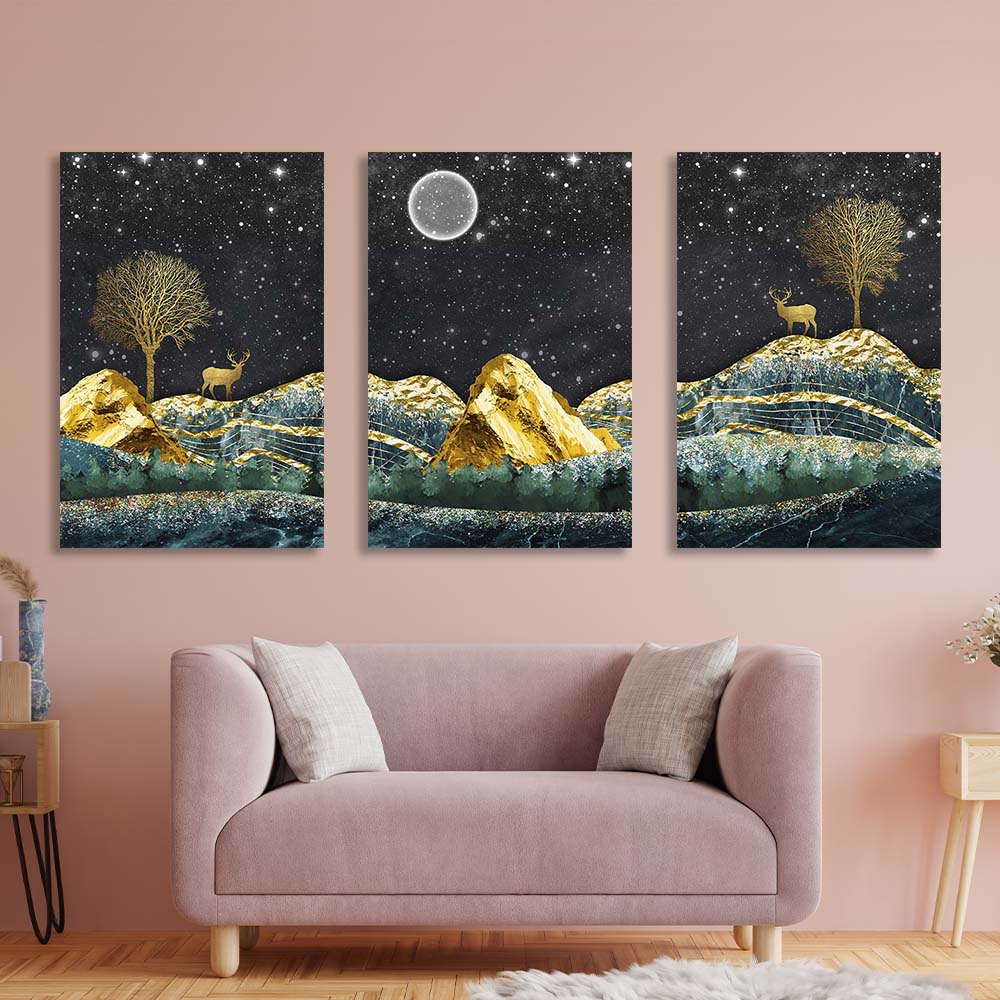 Multi Panel Canvas Wall Art Print Golden deer on the background of the starry sky