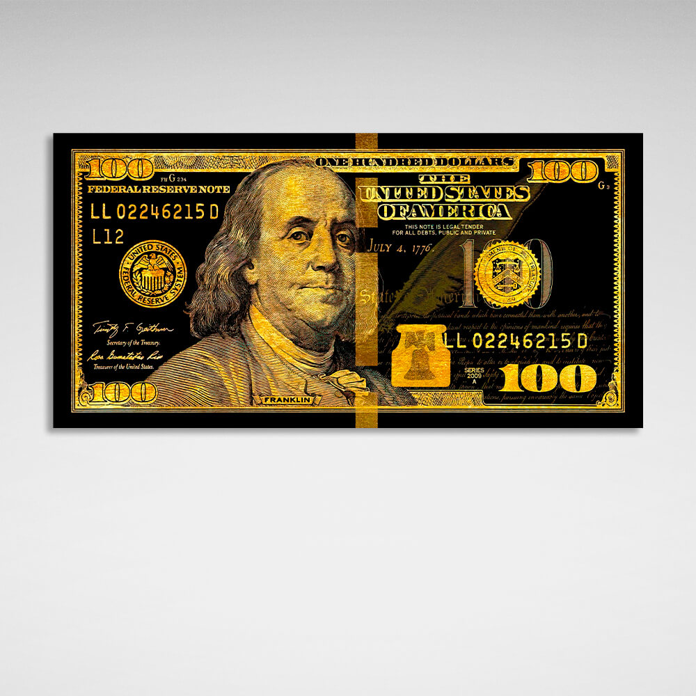 100 Dollar Schein Schwarz und Gold Motivierender Leinwand-Kunstdruck