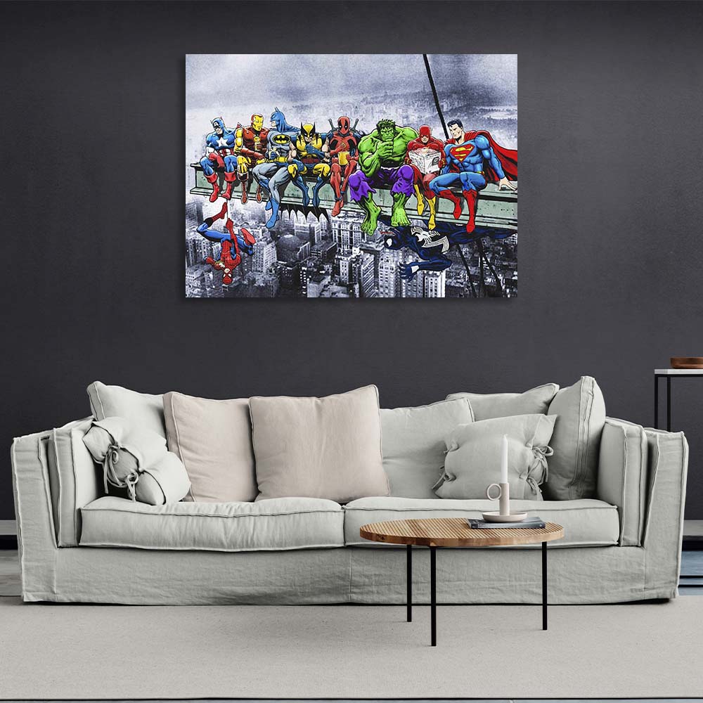 Canvas Wall Art Print Marvel and DC heroes on top of a skyscraper