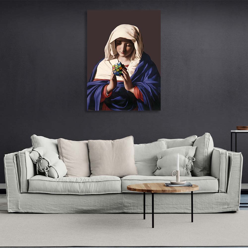 Canvas Wall Art Print Virgin Mary with rubik's cube