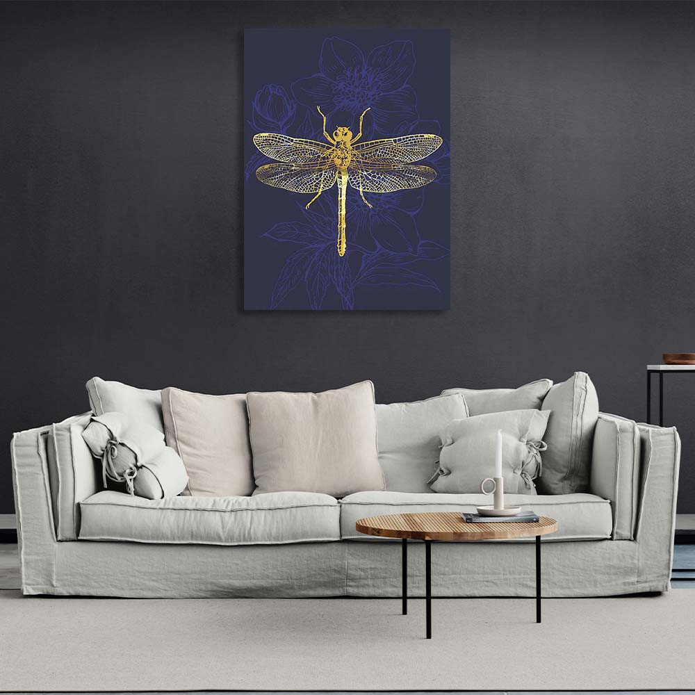 Canvas Wall Art Print Golden dragonfly on dark blue background