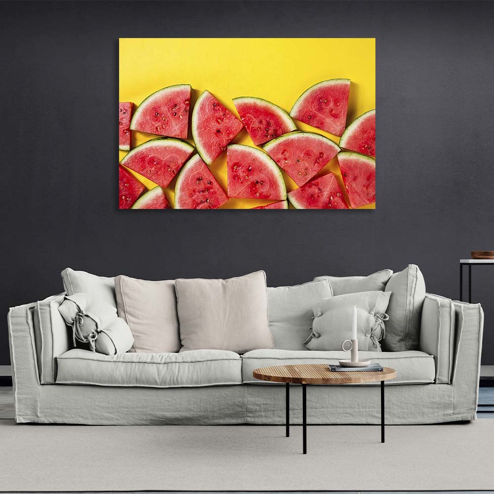 Canvas Wall Art Print For Kitchen Sliced watermelon on a yellow background