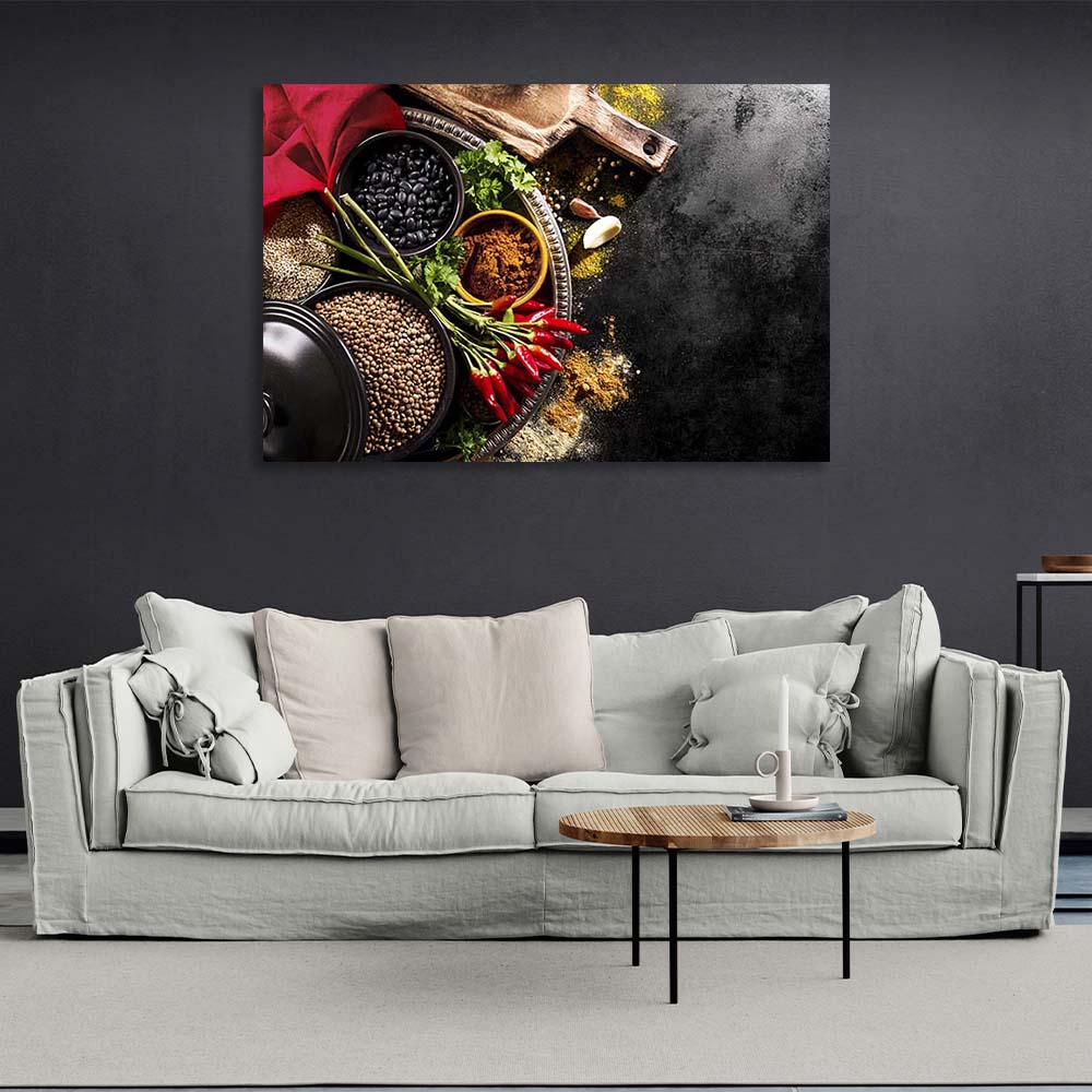 Canvas Wall Art Print For Kitchen Cereals with curry on dark gray background