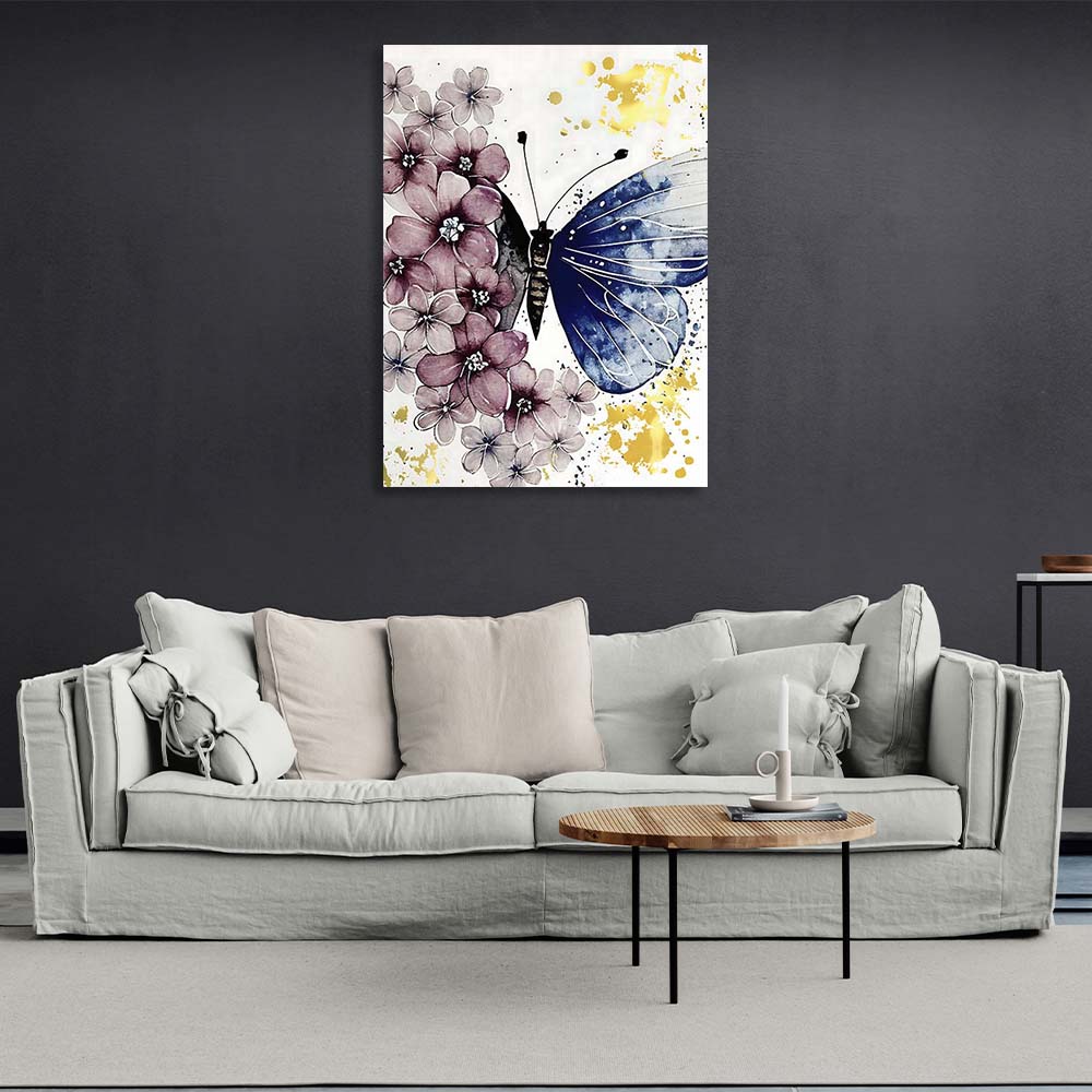 Kunstdruck auf Leinwand, goldener Aquarell-Schmetterling auf einem Blumenfeld