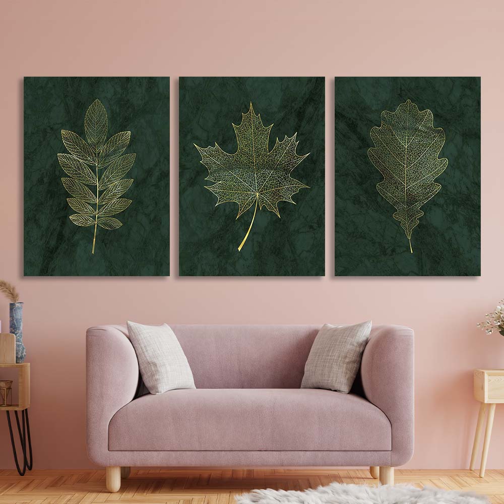 Multi Panel Canvas Wall Art Print Golden leaves on dark green background