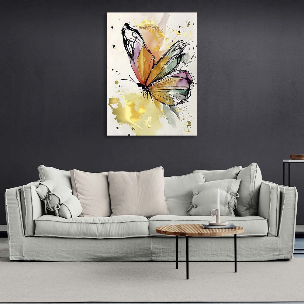 Kunstdruck auf Leinwand, Motiv: Goldener Aquarell-Schmetterling