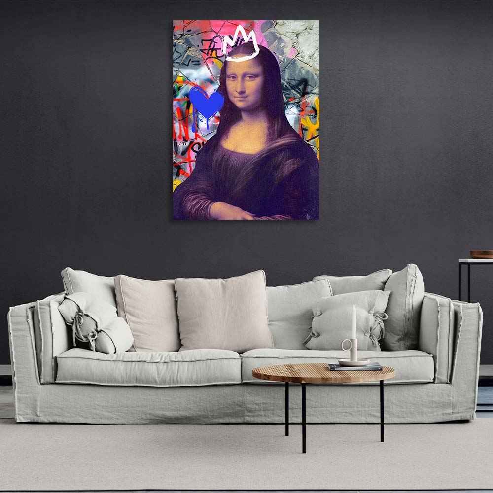 Kunstdruck auf Leinwand, Mona Lisa auf dem Hintergrund einer rissigen Wand in Garffiti